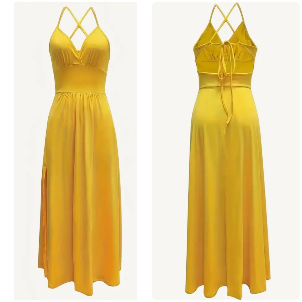 Yellow V Neck Side Slit Maxi Dress - NWOT - Picture 2 of 9